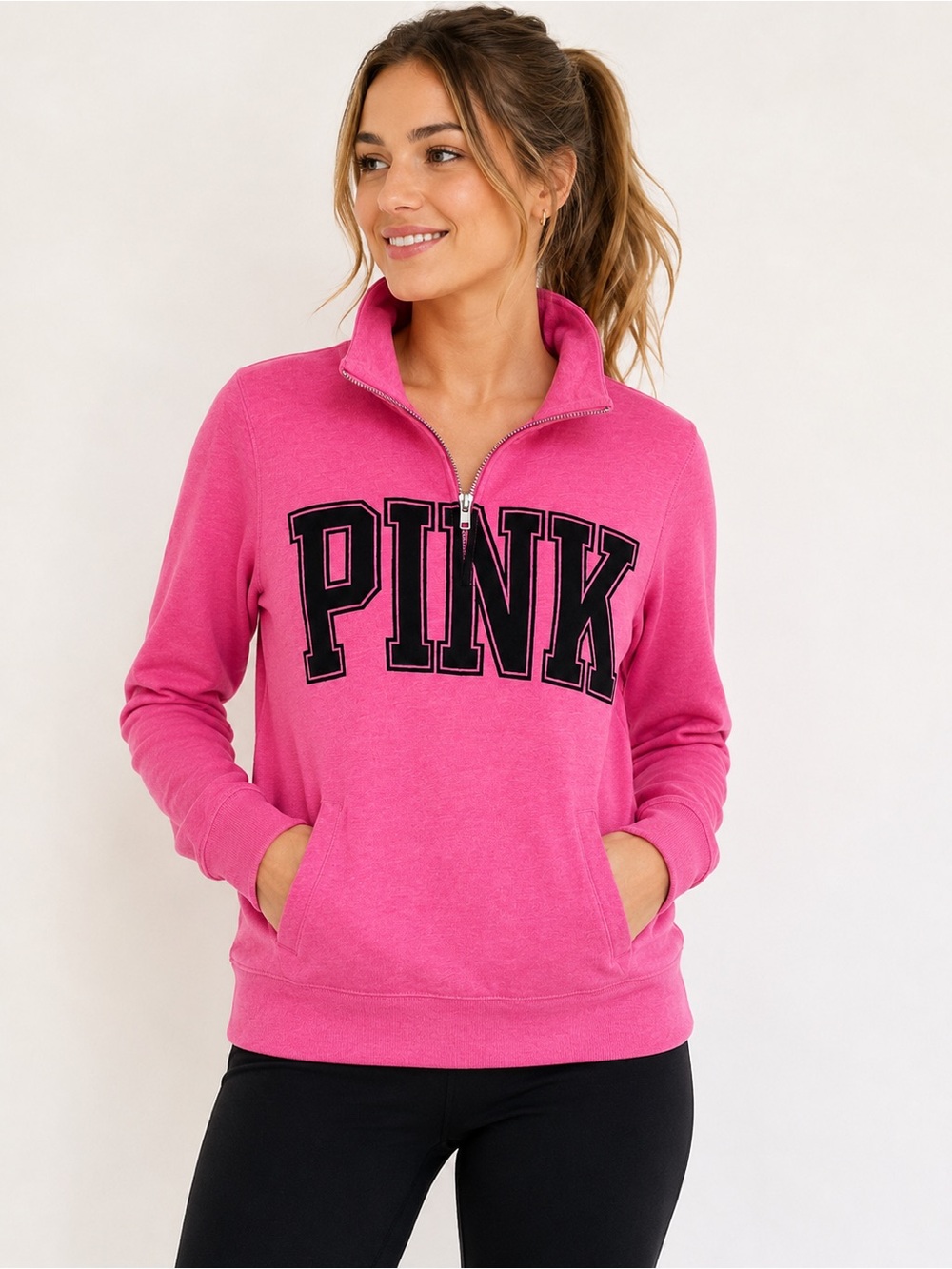 Victoria’s Secret PINK Quarter Zip Sweatshirt Hot Pink Logo Pullover Small